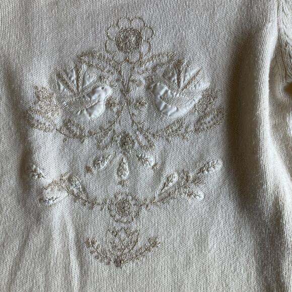Coldwater Creek Embroidered Doves Sweater cream white mock neck angora ivory M - Picture 8 of 10
